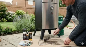 Scrubbing the chrome-plated cooking grates of a gas smoker with a wire brush and grill cleaner.