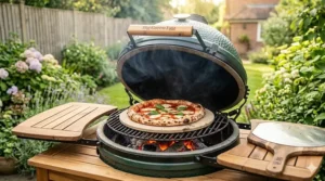 A comparison of the ash clean-out drawer on a pellet grill versus the ash tool used for a kamado, showing maintenance requirements for both.