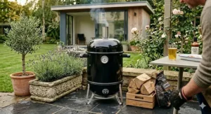 A compact charcoal smoker designed for a small UK terrace or patio garden, showing space-saving outdoor cooking.