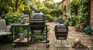 Alt text for image 7: A side-by-side comparison of a large budget kamado on a wheeled trolley and a compact model on a simple stand in a British garden setting.