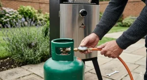 Connecting a green patio gas cylinder to a gas smoker regulator securely on a British patio.