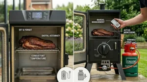 Graphic depicting the set and forget convenience of an electric smoker versus the requirement to monitor gas levels and airflow.