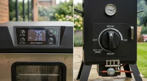 Comparison of a digital temperature control interface on an electric smoker and a manual gas flow dial for heat management.