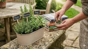 Fresh thyme, rosemary, and sage in a garden planter being prepared for a homemade smoker rub.