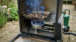 A detailed interior view of a gas smoker showing a blue gas flame heating a stainless steel tray filled with smoking wood chips for a rich flavour.