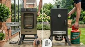 Illustration showing the portability of a gas smoker in a garden compared to the power cable restrictions of an electric model.