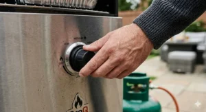 A close-up of a hand adjusting the gas flow dial on a smoker to maintain a consistent low-and-slow BBQ temperature.