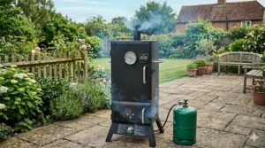 A close-up of a gas smoker's external temperature gauge and digital timer, illustrating precise heat control for slow-cooking meat in any weather.
