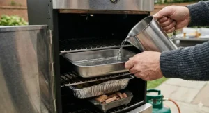 Pouring water into a metal pan inside the gas smoker to maintain humidity and keep meat moist.