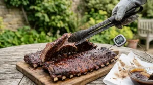 A variety of food-grade hardwood pellets and oak wood chips used in a smoker for ribs.