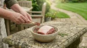 A person using a wooden spoon to apply a dry spice rub to a pork joint in a rustic ceramic bowl before smoking.
