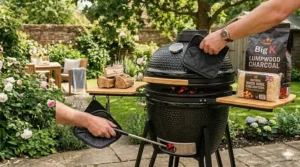 An illustration showing the safe use of natural firelighters to start a charcoal fire in a kamado barbecue without using lighter fluid.
