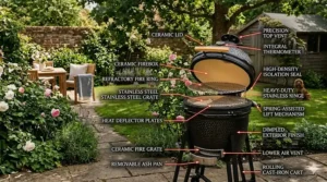 A labelled diagram of a kamado barbecue for beginners, highlighting the top vent, ceramic walls, and stainless steel cooking grate.