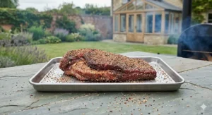 An open ceramic kamado-style grill with heat deflectors prepared for a low and slow brisket smoke.