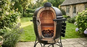 A cross-section illustration of thick ceramic walls on a kamado grill, demonstrating how heat is retained for fuel-efficient outdoor cooking.