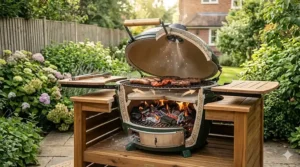 Cross-section illustration of thick ceramic kamado walls designed for superior heat retention and fuel efficiency during British winter grilling.