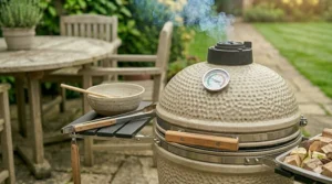 A closed ceramic kamado smoker in a British garden with a tray of wood chunks ready for a beginner smoking session.