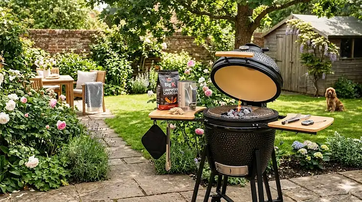 A beginner-friendly ceramic kamado barbecue positioned on a patio in a British garden, showing a classic black ceramic shell. kamado for beginners