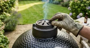 A whole chicken and seasonal vegetables roasting inside a kamado grill, highlighting its capability for a traditional British Sunday roast.