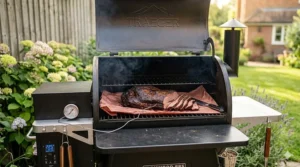 A stone-baked pizza cooking inside a ceramic kamado grill, illustrating the appliance’s versatility as an outdoor oven.