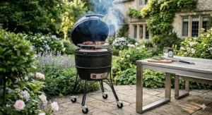A ceramic heat deflector stone being placed inside a kamado to facilitate indirect cooking and baking.
