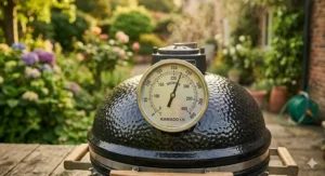 Alt text for image 6: A sharp close-up of the lid-mounted thermometer on a budget kamado grill showing temperature readings in Celsius within the smoking and searing zones.