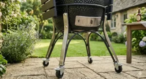 An artisanal pizza cooking on a ceramic stone inside a kamado grill at high temperature, showcasing the unit's versatility as an outdoor oven.