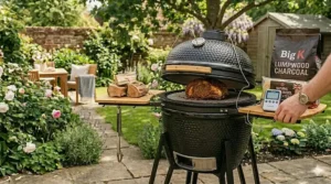 A joint of British roast beef cooking slowly inside a kamado barbecue, demonstrating the low and slow method for beginners.