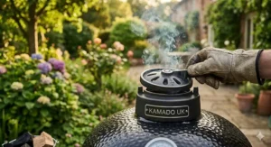 Alt text for image 4: A close-up of the top cast iron vent on a budget kamado grill with a gloved hand adjusting the airflow lever to regulate cooking temperature.