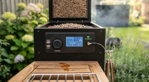 Close-up of a pellet grill digital control panel showing precise temperature settings, demonstrating the ease of use for long-duration slow cooking.