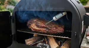 A close-up of a digital pellet smoker control panel displaying 225°F and Celsius equivalents for precise temperature management.