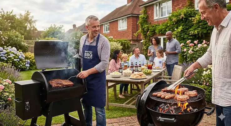 A side-by-side comparison of a modern wood pellet smoker and a traditional charcoal kettle barbecue in a British garden, highlighting the design differences for outdoor cooking. pellet vs charcoal smoker
