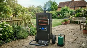 A portable gas smoker with heavy-duty wheels and a sturdy handle, designed for easy movement around a garden or for use on a caravan holiday.