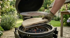 The sturdy powder-coated steel stand and locking caster wheels of a large kamado grill, allowing for easy movement across a garden path.