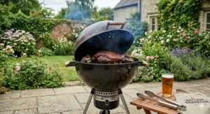 A versatile black charcoal kettle barbecue being used for indirect smoking in a lush British garden setting.