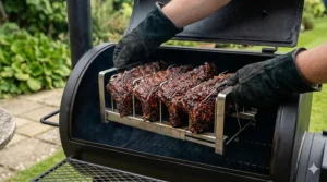 Pork ribs wrapped tightly in heavy-duty aluminium foil during the second stage of the smoking process.