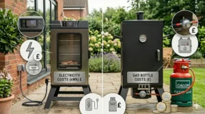 Infographic comparing the hourly running costs in British Pounds for operating electric and gas smokers in the UK.