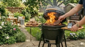 Thick-cut sirloin steaks being seared at a high temperature on a cast-iron grate over an open flame in a kamado.