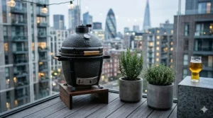 A photorealistic 4K image showing a compact dark-grey dimpled small kamado grill set up on a London apartment balcony at twilight, styled with modern concrete herb pots and a glass of pale ale.
