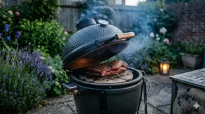 A photorealistic 4K image in a twilight British garden, showing smoke curling from a slightly open small ceramic kamado grill while a beef brisket joint slow-cooks on a stone patio.