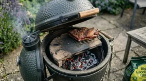 A detailed photorealistic 4K image showing the inside of a small kamado grill with textured ceramic heat deflector stones positioned above glowing embers for indirect roasting.