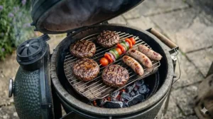 A detailed photorealistic 4K overhead image of the open cooking surface of a small kamado grill with four beef burgers and a vegetable skewer sizzling over glowing charcoal.