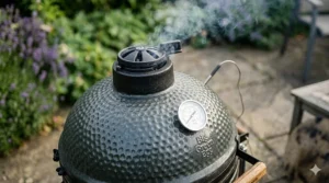 A detailed photorealistic 4K close-up of the black cast iron top vent and built-in analogue thermometer of a small ceramic kamado grill with smoke curling under natural daylight.