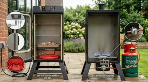 Illustration of the traditional pink smoke ring on beef brisket cooked in a gas smoker compared to a slice from an electric smoker.