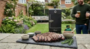 A slate tray of sliced smoked beef brisket prepared using a propane smoker, styled for a British summer barbecue.