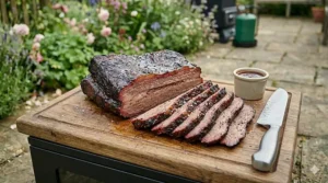 Slices of smoked beef brisket with a clear pink smoke ring on a wooden carving board, prepared in a gas smoker for a British summer gathering.