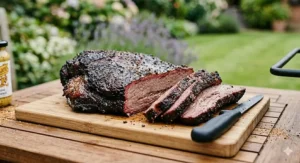 A high-detail shot of a finished beef brisket on a wooden carving board, showing a dark peppery bark and a prominent pink smoke ring on the sliced sections.