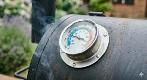 A detailed macro shot of the integrated temperature gauge on the smoker lid, clearly showing the low and slow zone marked between 100 and 135 degrees Celsius in a garden setting.