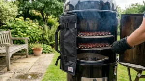 A stainless steel rib rack holding multiple racks of ribs vertically to save space inside a small smoker.