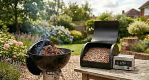 Red-hot charcoal lumpwood embers in a barbecue tray, representing the authentic smoky flavour associated with traditional British charcoal grilling.